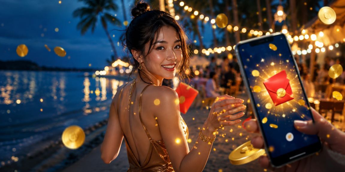 Người dùng Phú Quốc nhận phong bì đỏ thưởng và sử dụng app tại bãi biển